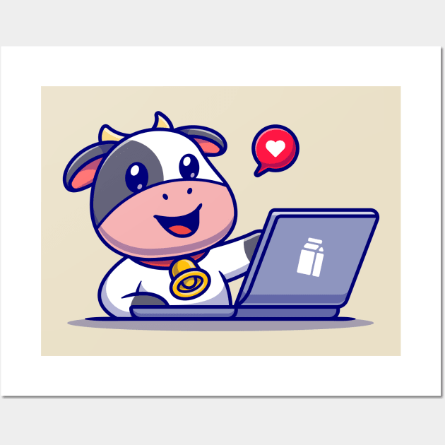 Cute Cow Working On Laptop Cartoon Wall Art by Catalyst Labs